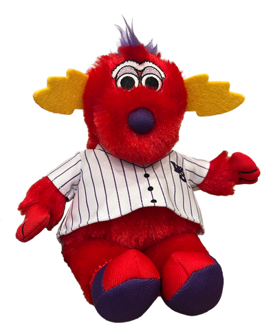 Red plush toy with yellow ears and a white striped shirt on a white background